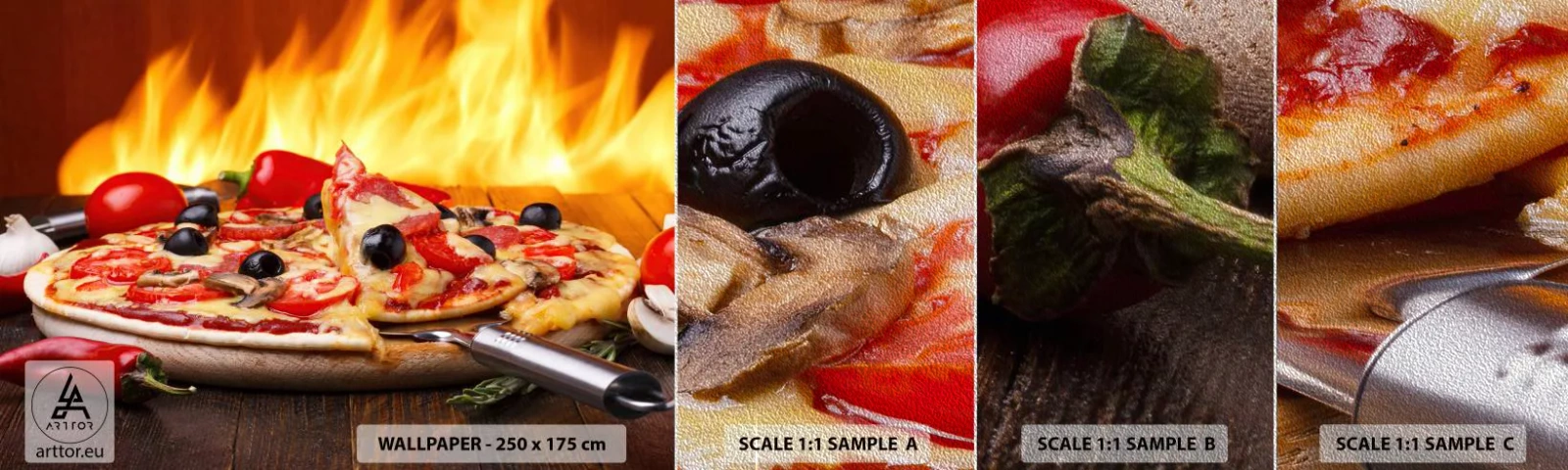 Fotobehang Monster Premium Sand - From Italy with love - Gastronomie, Pizza, Italië - 100x30 cm