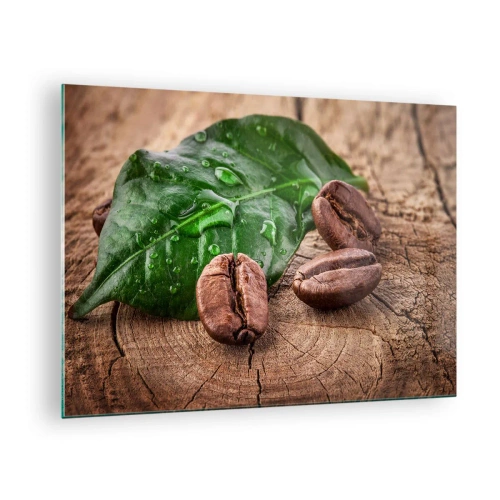 Schilderen op glas - Koffiebonen op een blad en houten achtergrond - 70x50cm - De meest ware en zwarte - Moderne wanddecoratie voor woonkamer en slaapkamer ARTTOR