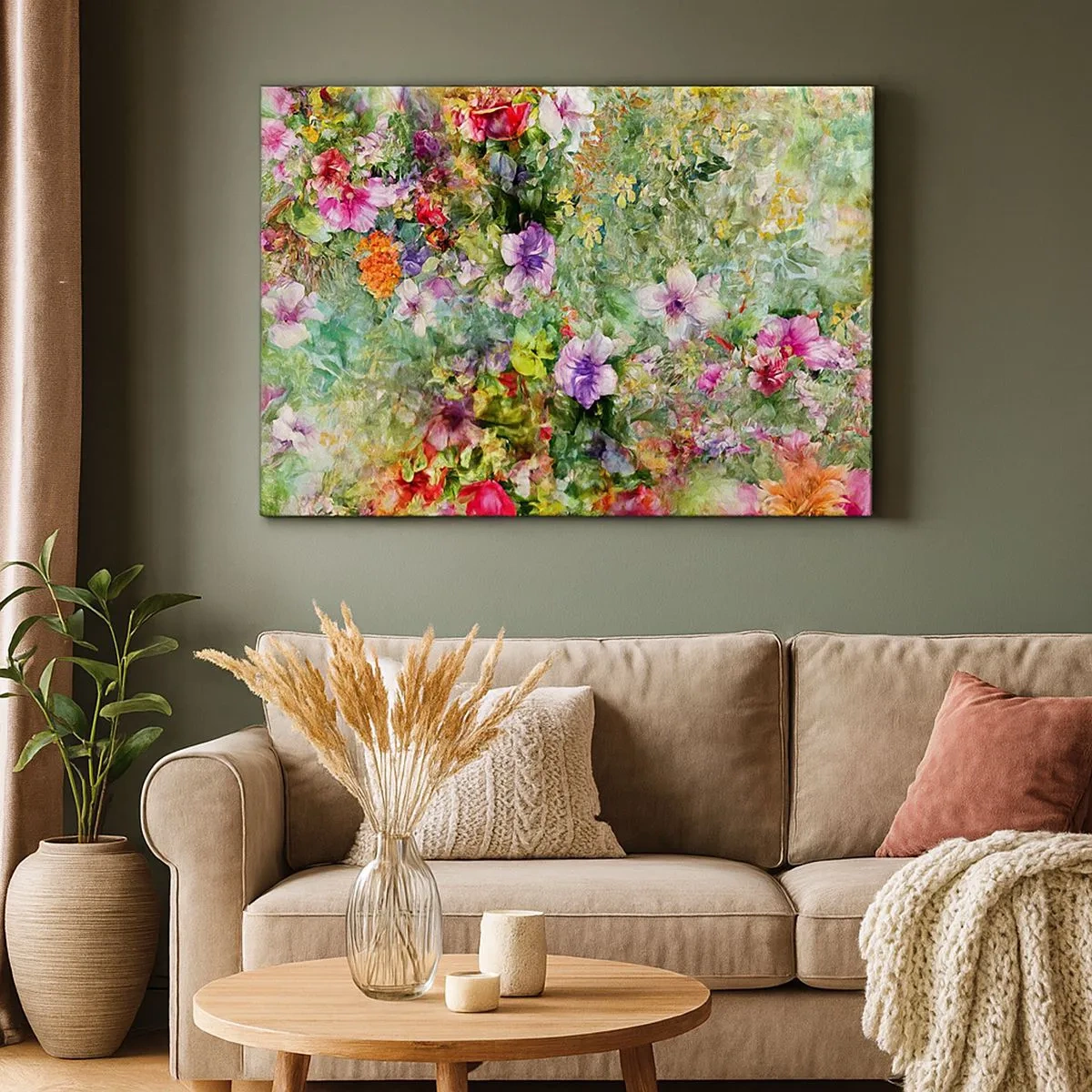 Schilderen op canvas - Een kleurrijk bloemstuk op een groene achtergrond - 70x50cm - In bloemen voor verderf - Moderne wanddecoratie voor woonkamer en slaapkamer ARTTOR
