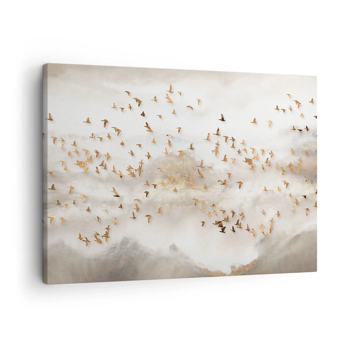 Schilderen op canvas - Gouden vogels tegen de mistige bergen - 70x50cm - Het is tijd… - Moderne wanddecoratie voor woonkamer en slaapkamer ARTTOR