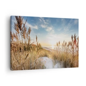 Schilderen op canvas - Een pittoresk strand met gras en de ondergaande zon - 70x50cm - Noord strand - Moderne wanddecoratie voor woonkamer en slaapkamer ARTTOR
