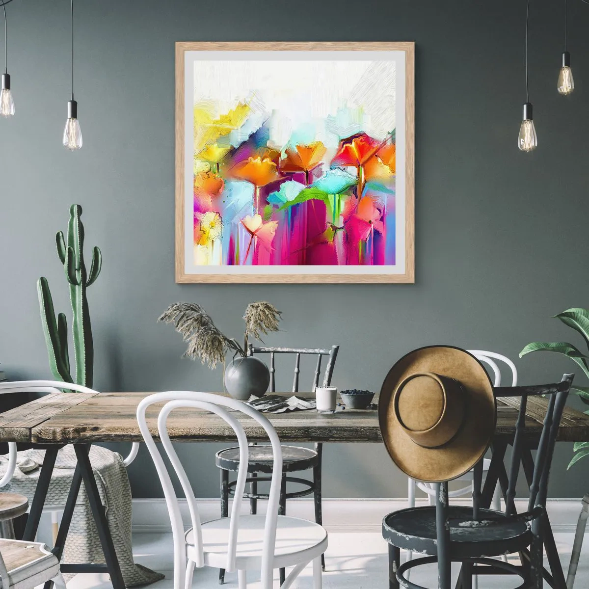 Een poster in een licht eiken lijst - De regenboog is tot bloei gekomen - 50x50 cm