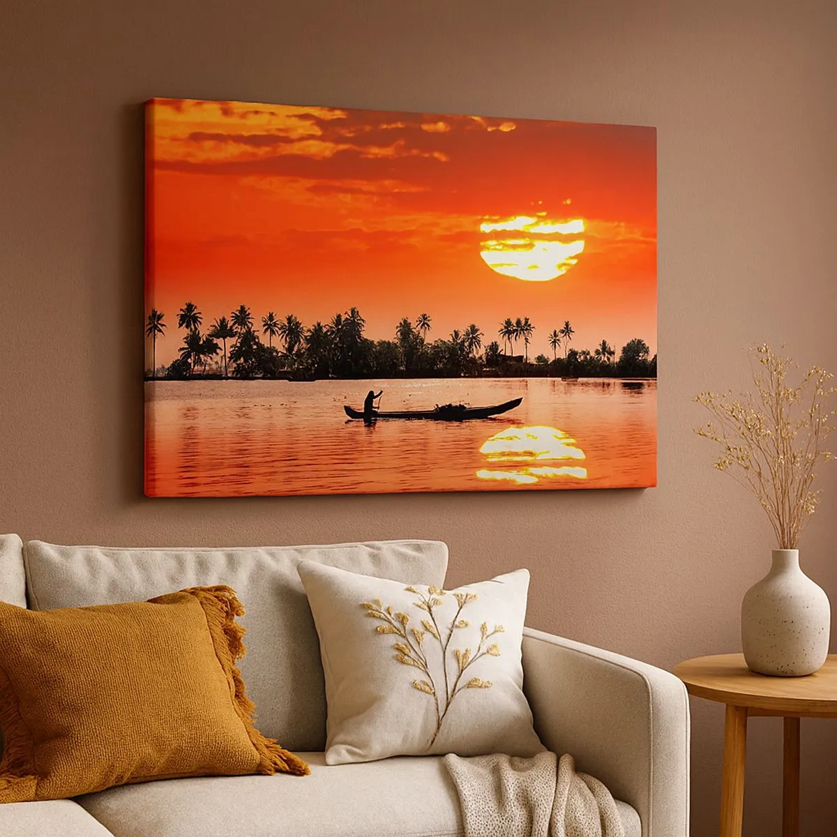 Schilderen op canvas - Tropische zonsondergang met een boot en palmbomen op de achtergrond - 70x50cm - De rust van de tropen bij zonsondergang - Moderne wanddecoratie voor woonkamer en slaapkamer ARTTOR