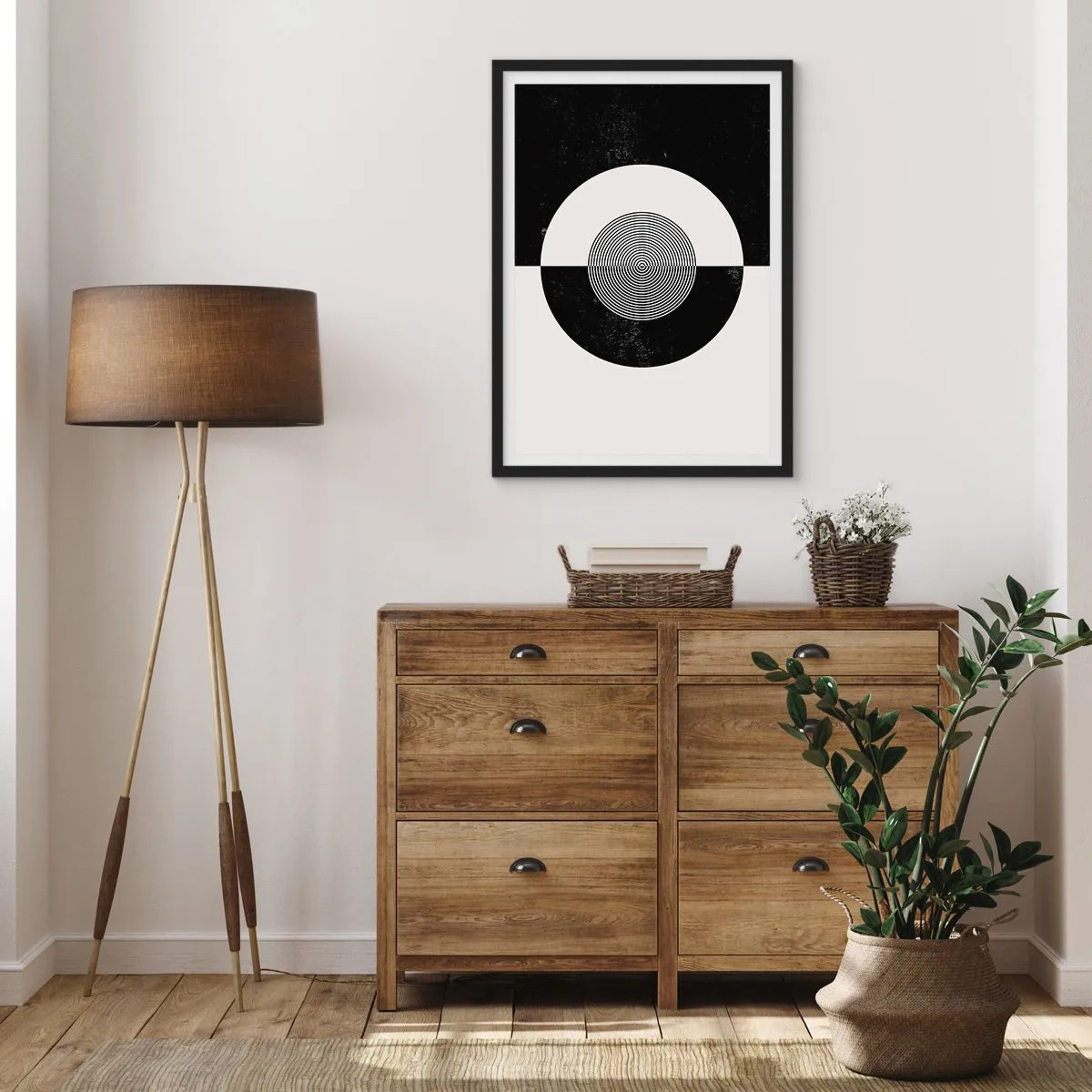 Poster in een zwarte lijst - Geometrisch patroon in zwart-wit met een concentrische cirkel - 50x70cm - Harmonie in zwart-wit - Moderne wanddecoratie voor woonkamer en slaapkamer ARTTOR