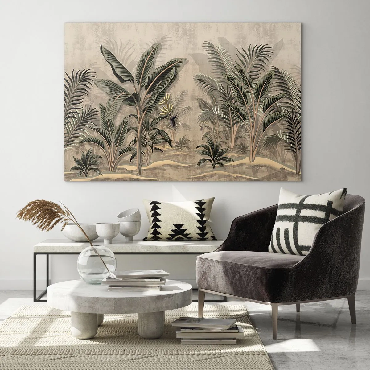 Schilderen op glas - Tropische planten op een beige achtergrond in koloniale stijl - 70x50cm - Een gravure in koloniale stijl - Moderne wanddecoratie voor woonkamer en slaapkamer ARTTOR