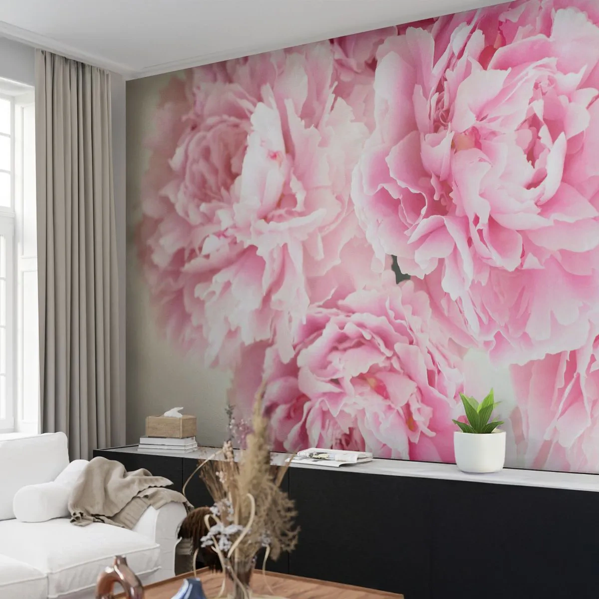 Fotobehang Premium Sand - In roze glamour - Pioenen, Boeket bloemen, Bloemen - 250x175 cm