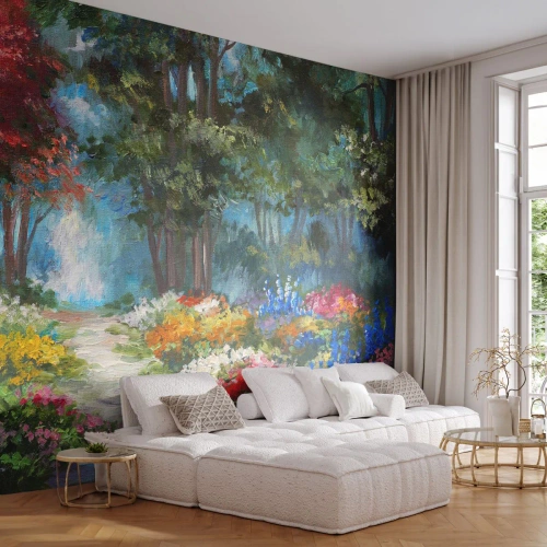 Fotobehang Premium Sand - Bostuin, bloemenbos - Landschap, Park, Bloemen - 100x70 cm