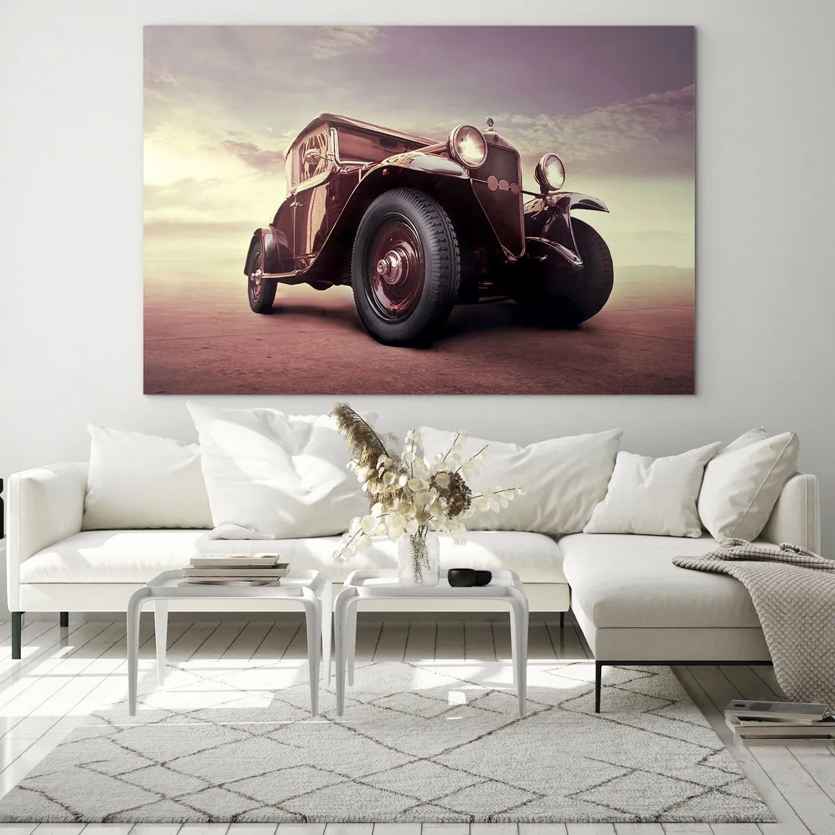 Schilderen op glas - Iconische klassieke auto in sepiatinten in de open lucht - 70x50cm - Laten we teruggaan zoals in de oude dagen - Moderne wanddecoratie voor woonkamer en slaapkamer ARTTOR