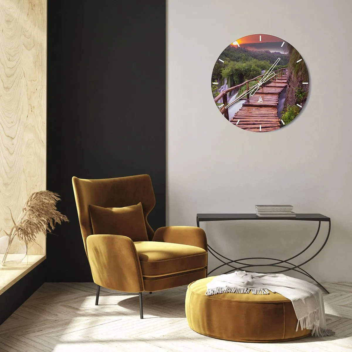 Wandklok - Klok - Houten loopbrug over watervallen in het bos bij zonsondergang - 30x30cm - Ongelooflijke schoonheid - Moderne wanddecoratie voor woonkamer, keuken en slaapkamer ARTTOR