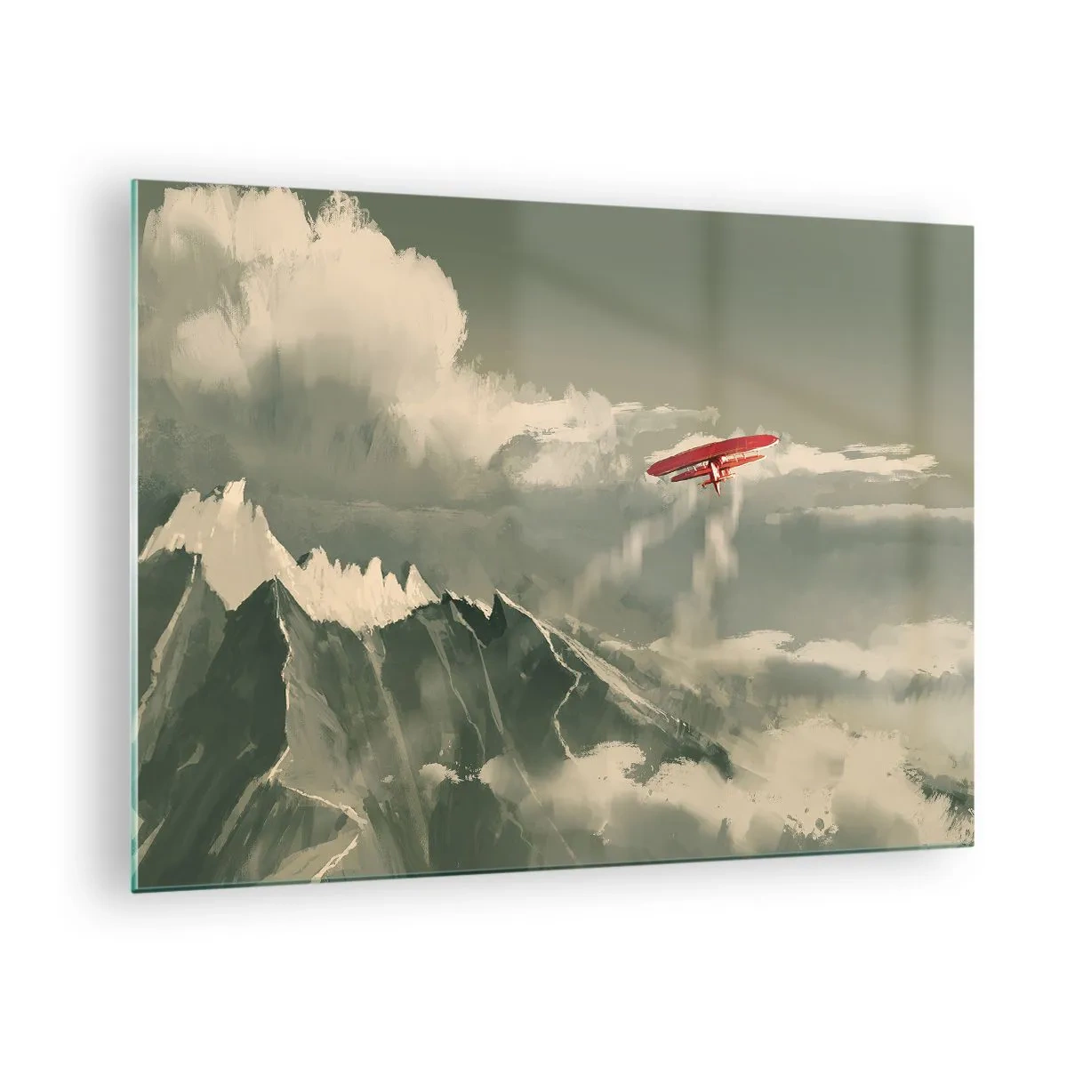 Schilderen op glas - Een rood vliegtuig vliegt over besneeuwde bergen - 70x50cm - Onverschrokken pionier - Moderne wanddecoratie voor woonkamer en slaapkamer ARTTOR
