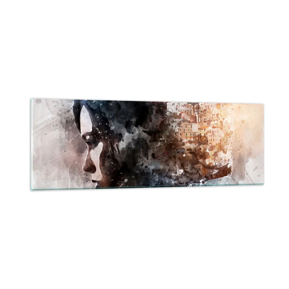 Schilderen op glas - Een verhaal over een meisje met een stad op de achtergrond - 90x30 cm