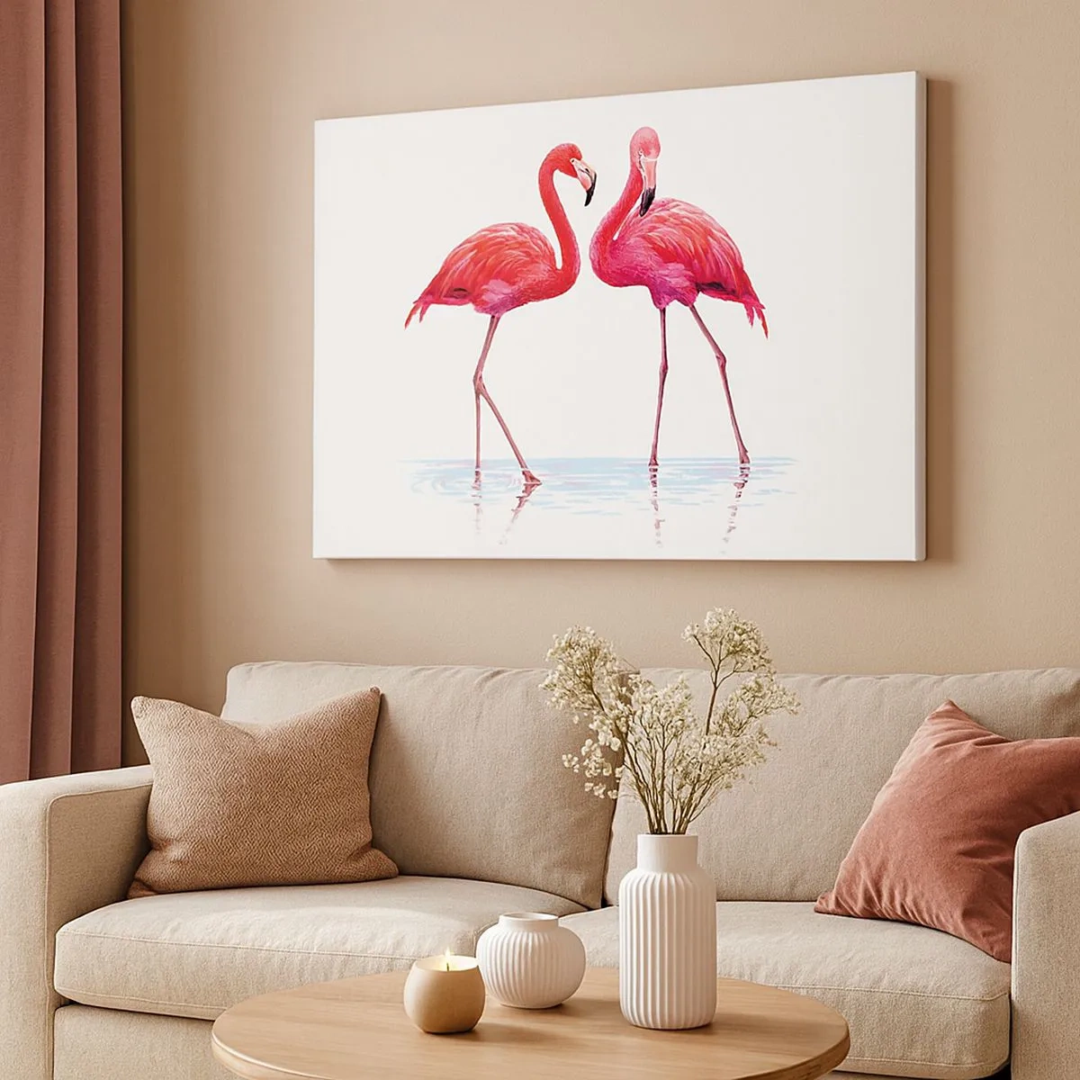 Schilderen op canvas - Een paar flamingo's in het water tegen een lichte achtergrond - 70x50cm - Roze randez-vous - Moderne wanddecoratie voor woonkamer en slaapkamer ARTTOR