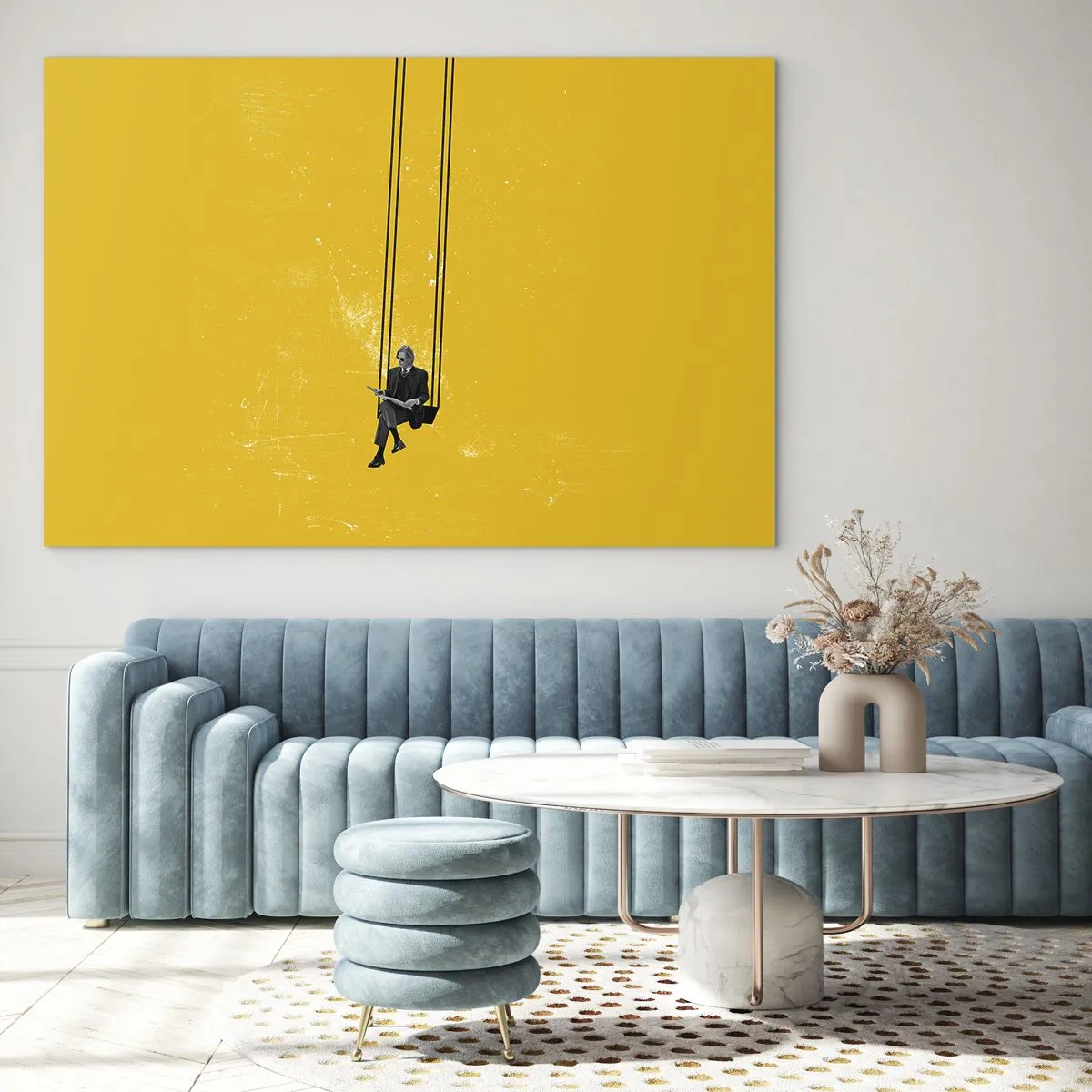 Schilderen op glas - Een figuur op een schommel hangt tegen een gele achtergrond - 70x50cm - Dag als iedere dag - Moderne wanddecoratie voor woonkamer en slaapkamer ARTTOR