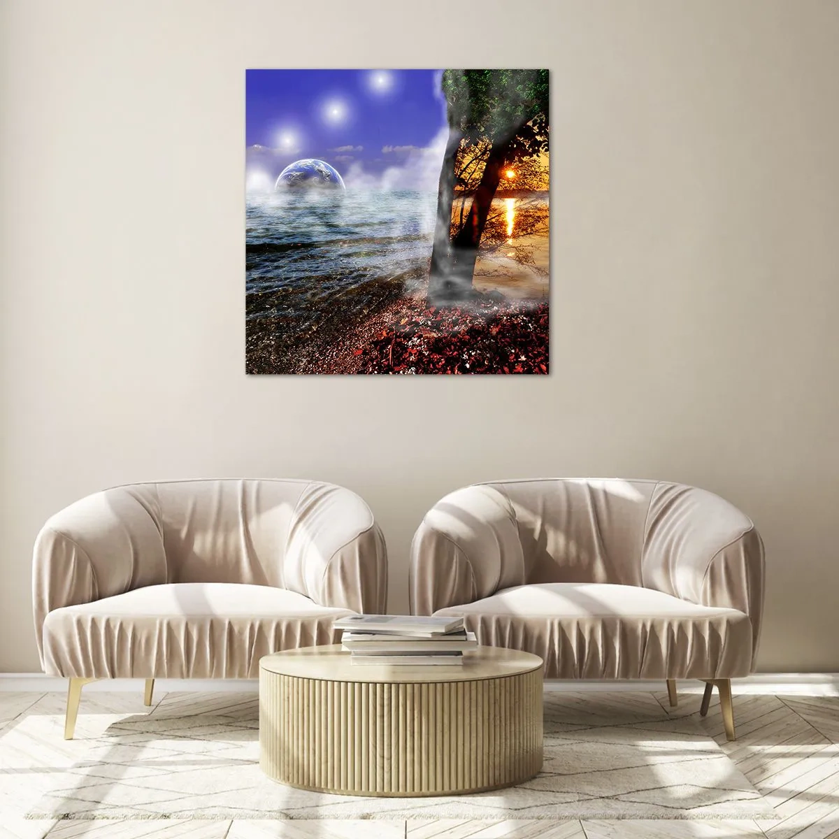 Schilderen op glas - Surrealistisch landschap - eenheid van de natuur - 60x60 cm