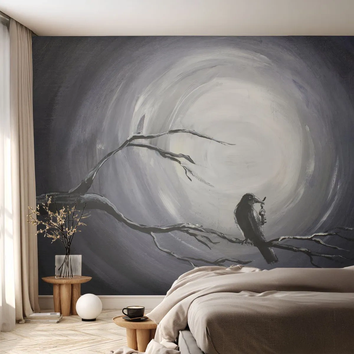 Fotobehang Premium Sand - De sleutel tot het mysterie van de nacht - Abstractie, Kraai, Vogel - 200x140 cm