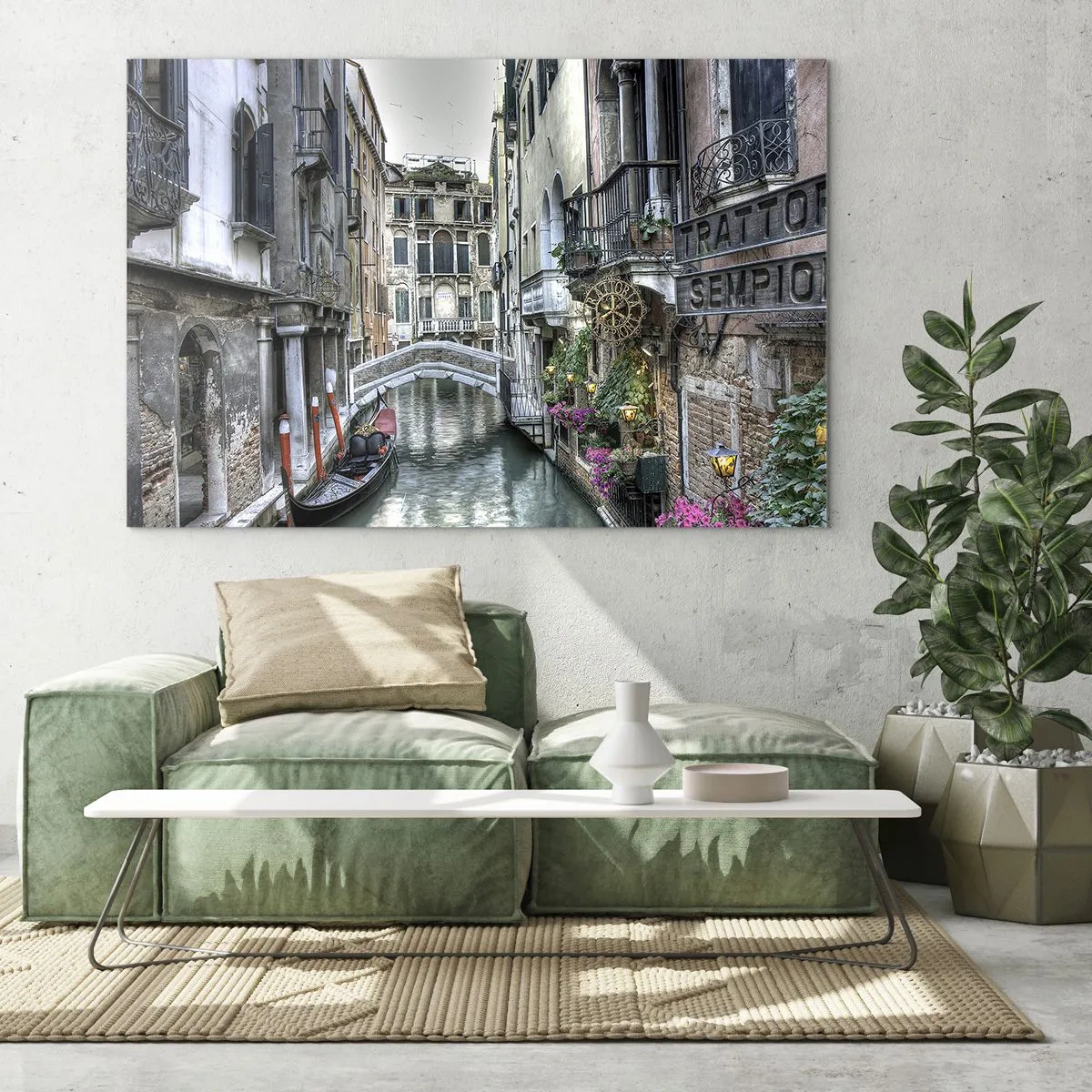 Schilderen op glas - Romantisch uitzicht op een Venetiaans kanaal met een gondel - 70x50cm - Eeuwenlang in stille reflectie - Moderne wanddecoratie voor woonkamer en slaapkamer ARTTOR