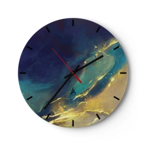 Wandklok - Klok - Een abstracte compositie in marineblauw en goud die lijkt op een waterplas - 30x30cm - De gouden poel - Moderne wanddecoratie voor woonkamer, keuken en slaapkamer ARTTOR