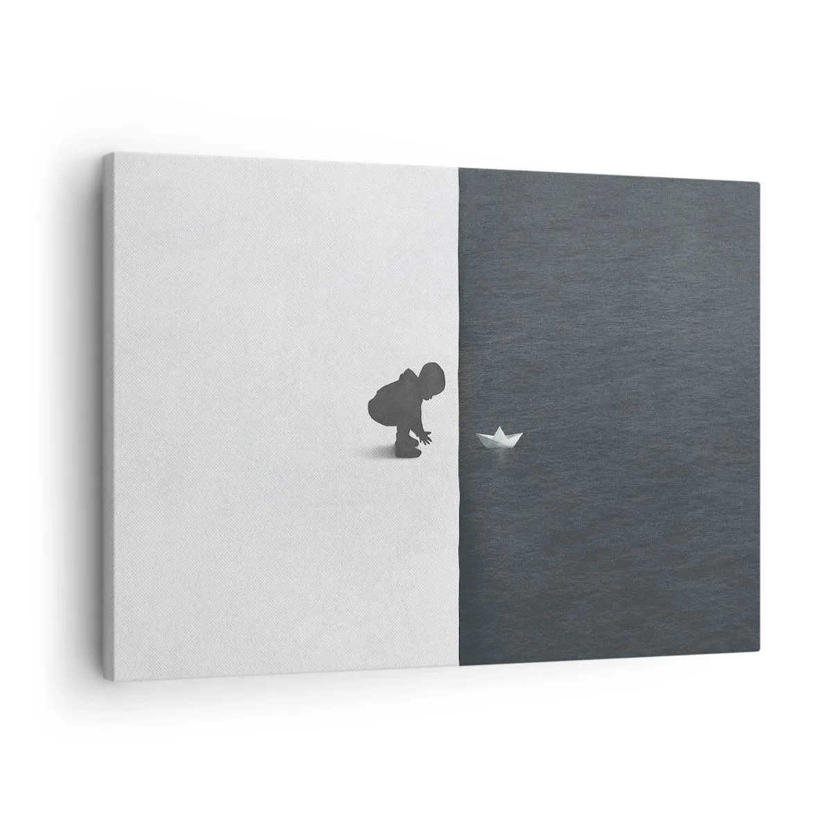 Schilderen op canvas - Een kinderfiguur met een papieren bootje tegen een achtergrond van contrasterende helften - 70x50cm - Geweldige expeditie - Moderne wanddecoratie voor woonkamer en slaapkamer ARTTOR