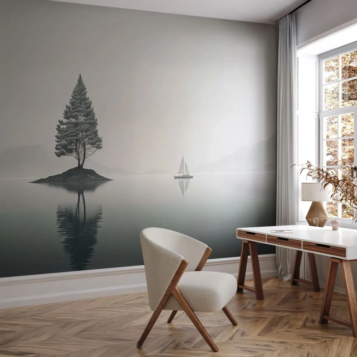 Fotobehang Premium Sand - Droom - Kalmte, Zeilboot, Meer - 100x70 cm