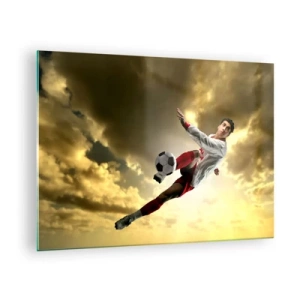 Schilderen op glas - Een voetballer in actie tegen een gouden lucht - 70x50cm - Voetbal hemel - Moderne wanddecoratie voor woonkamer en slaapkamer ARTTOR