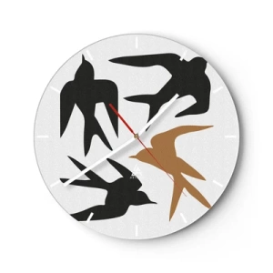 Wandklok - Klok - Zwarte en gouden silhouetten van zwaluwen op een witte achtergrond - 30x30cm - Zwaluwen spel - Moderne wanddecoratie voor woonkamer, keuken en slaapkamer ARTTOR