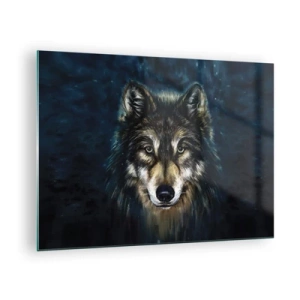 Schilderen op glas - Een wolf tegen een donkere, bosrijke achtergrond, realistisch afgebeeld. - 70x50cm - Alfa? en omega - Moderne wanddecoratie voor woonkamer en slaapkamer ARTTOR