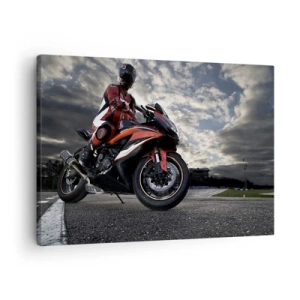 Schilderen op canvas - Een motorrijder op een sportmotor tegen een bewolkte lucht - 70x50cm - Dark Rider - Moderne wanddecoratie voor woonkamer en slaapkamer ARTTOR