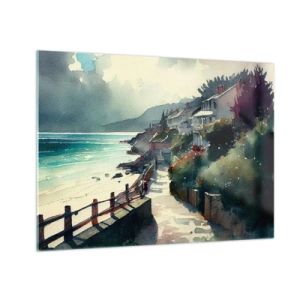 Schilderen op glas - Een boulevard aan zee met kleurrijke huizen en water - 70x50cm - Mediterrane stad - Moderne wanddecoratie voor woonkamer en slaapkamer ARTTOR
