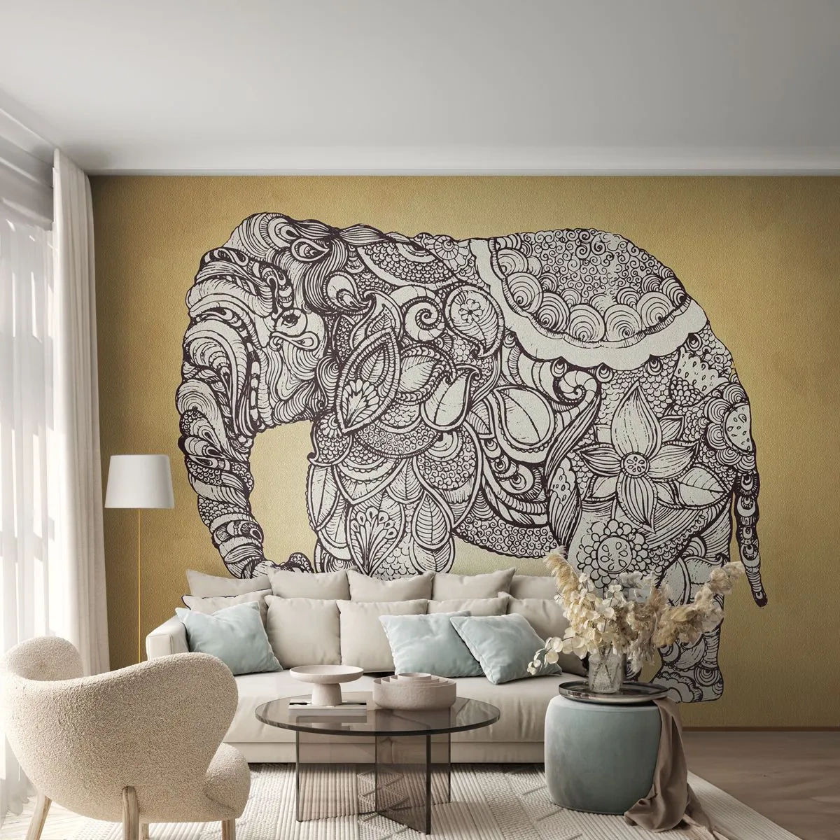 Fotobehang Premium Canvas - De olifant heeft zichzelf bedekt - Olifant, Indisch, Dier - 150x105 cm