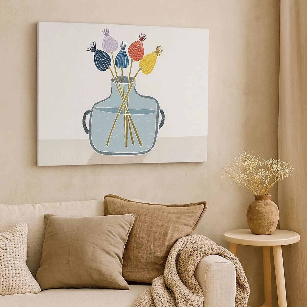 Schilderen op canvas - Kleurrijke gedroogde bloemen in een vaas op een witte achtergrond - 70x50cm - Alsof hij met maanzaad heeft gezaaid - Moderne wanddecoratie voor woonkamer en slaapkamer ARTTOR