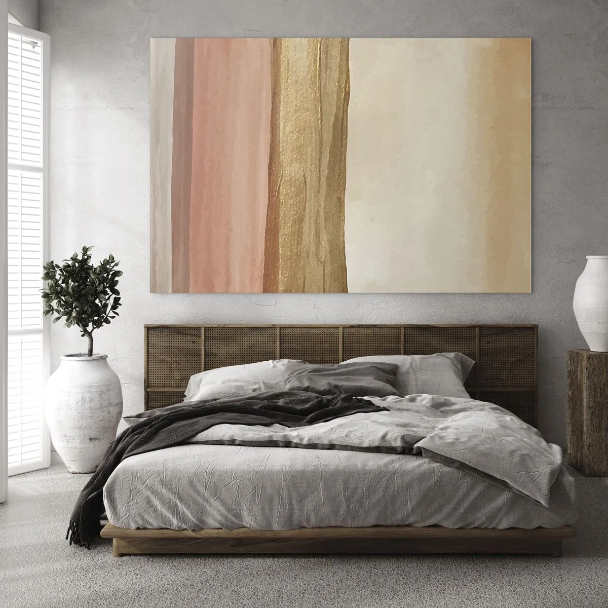 Schilderen op glas - Abstracte strepen in warme tinten beige en goud - 70x50cm - Verticale compositie - Moderne wanddecoratie voor woonkamer en slaapkamer ARTTOR