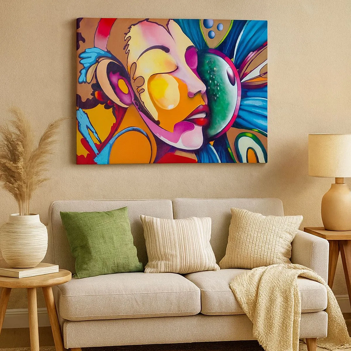 Schilderen op canvas - Een kleurrijke abstractie met een gezichtsmotief in een dynamische compositie - 70x50cm - Aanraken met kleur - Moderne wanddecoratie voor woonkamer en slaapkamer ARTTOR