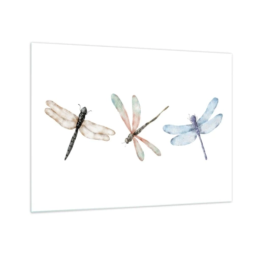 Schilderen op glas - Drie kleurrijke libellen op een witte achtergrond in een delicate aquarelstijl - 70x50cm - Gewichtloze libellen - Moderne wanddecoratie voor woonkamer en slaapkamer ARTTOR