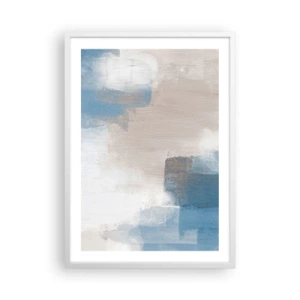 Poster in een witte lijst - Roze abstractie achter een blauw gordijn - 50x70 cm