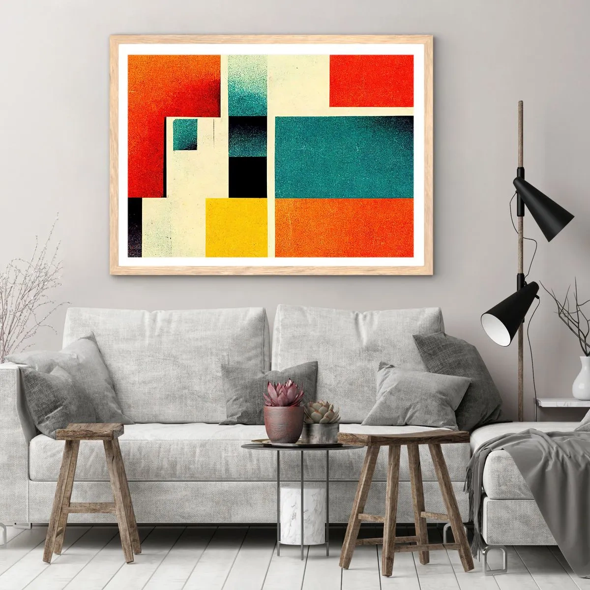 Een poster in een licht eiken lijst - Geometrische abstractie – goede energie - 100x70 cm