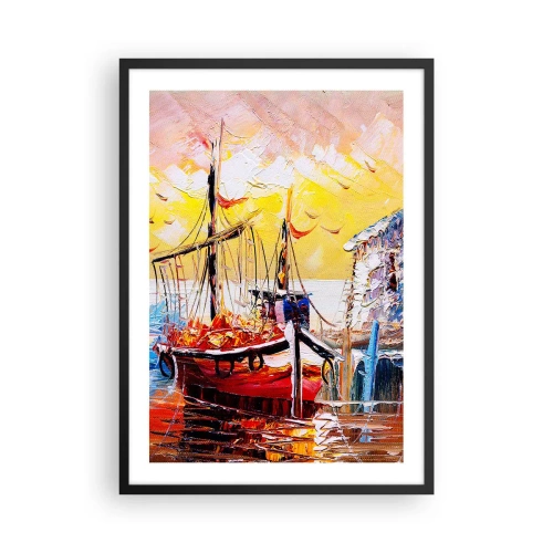 Poster in een zwarte lijst - Een schilderachtig schip tegen de achtergrond van de ondergaande zon - 50x70cm - Gelukkige terugkeer - Moderne wanddecoratie voor woonkamer en slaapkamer ARTTOR