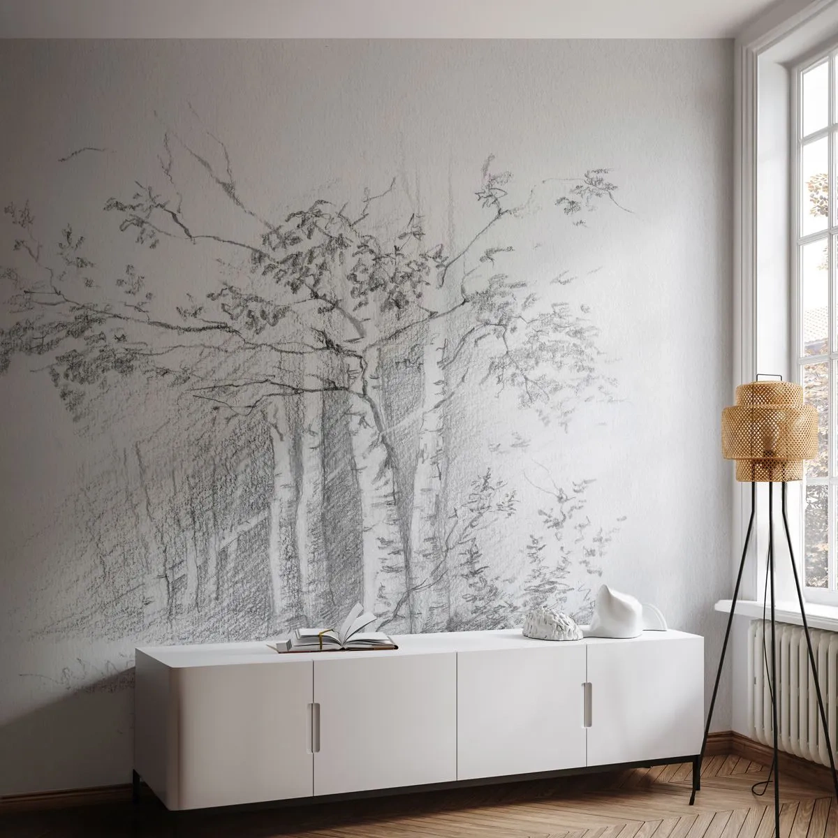 Zelfklevend Fotobehang Deluxe Sticker - Het licht van het berkenbos - Woud, Berk, Bomen - 150x105 cm