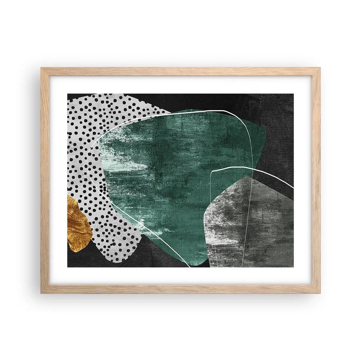 Een poster in een licht eiken lijst - Kleurrijke abstractie met bladgoud - 50x40 cm