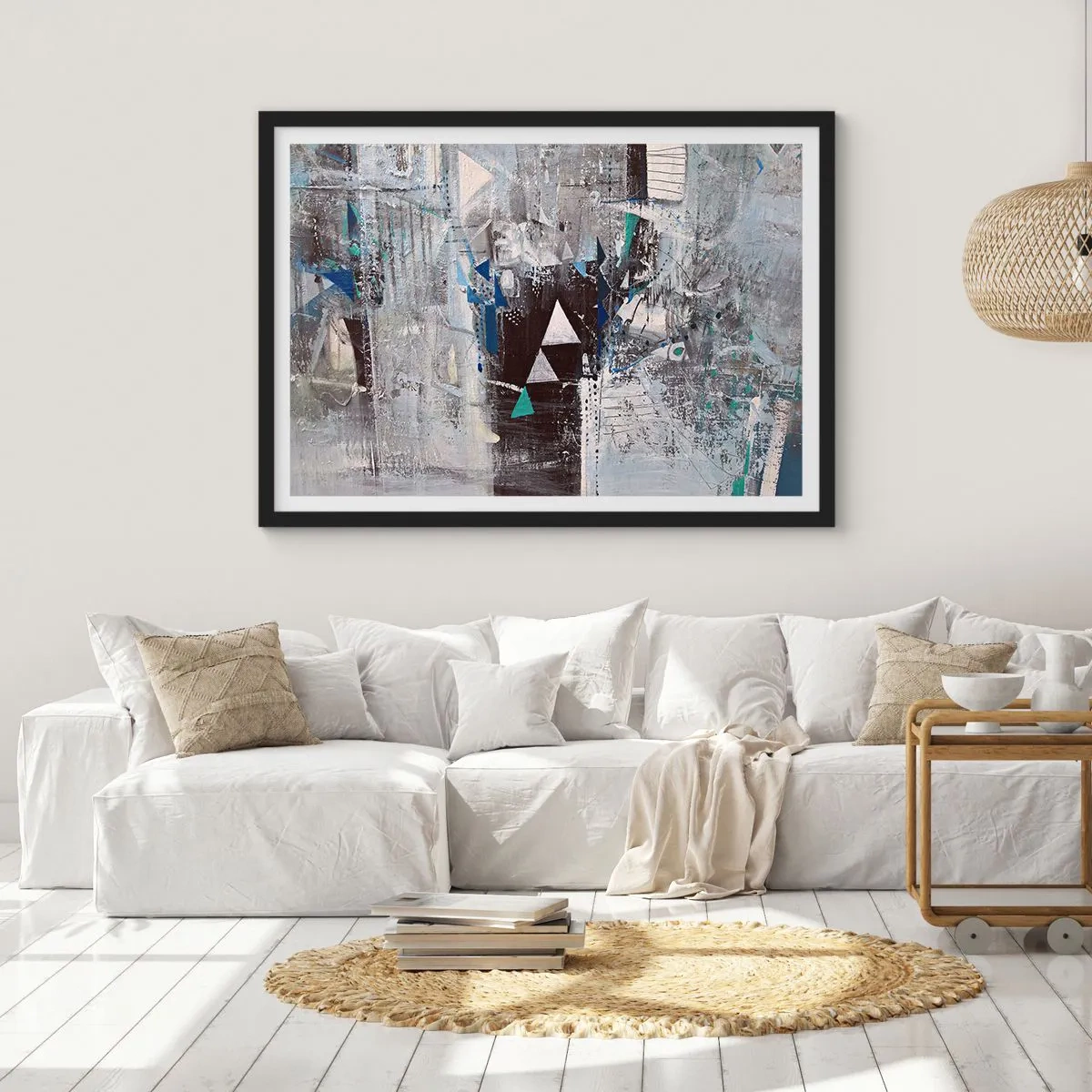 Poster in een zwarte lijst - Overschrijvende volgorde van driehoeken - 91x61 cm