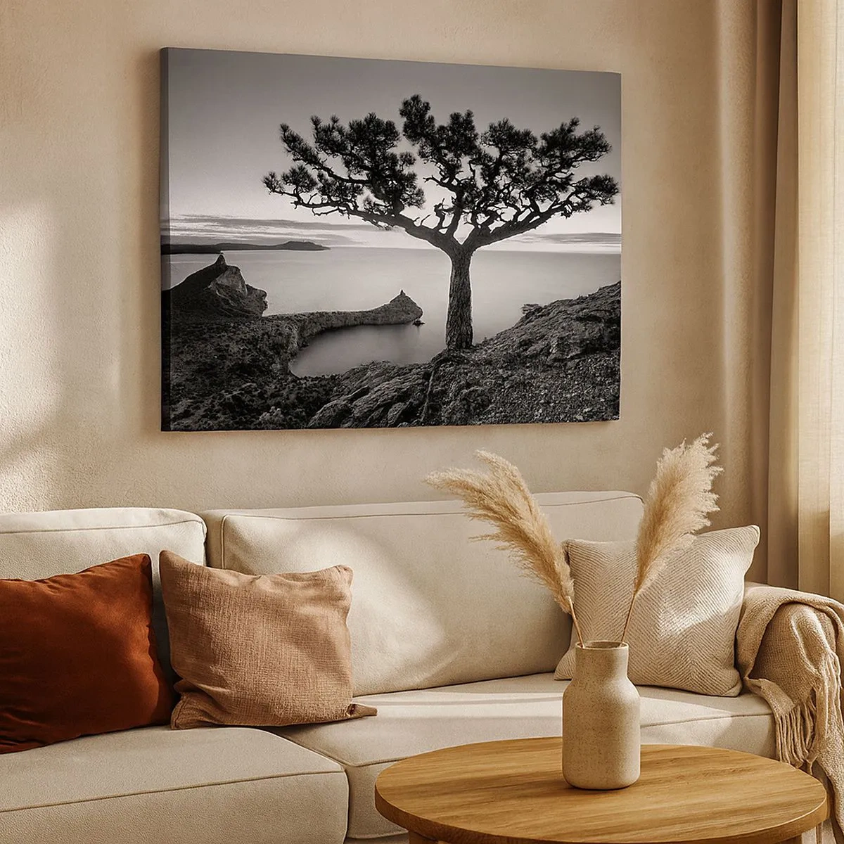 Schilderen op canvas - Zwart-wit landschap met een eenzame boom op een klif boven de zee - 70x50cm - Stilte aan de horizon - Moderne wanddecoratie voor woonkamer en slaapkamer ARTTOR