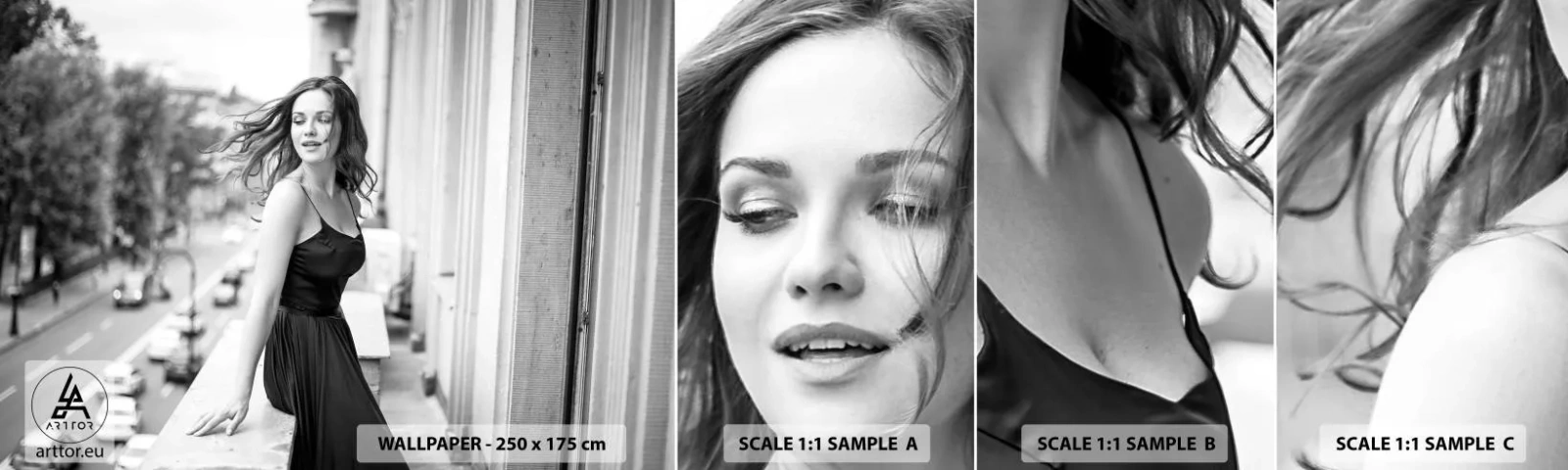 Fotobehang Staaltje Standard Eco - Zeker een Parijzenaar - Vrouw, Stad, Architectuur - 100x30 cm