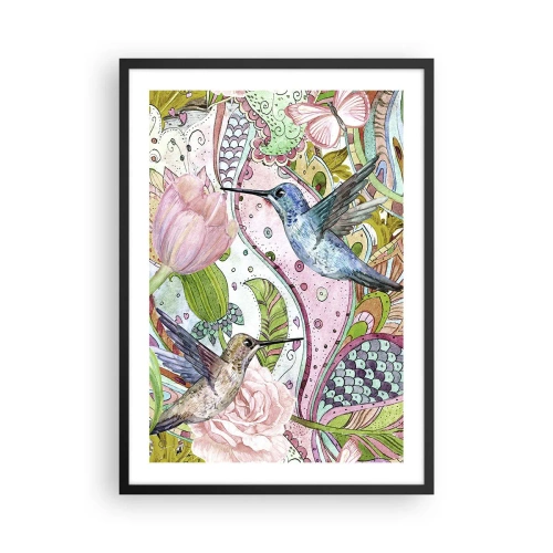 Poster in een zwarte lijst - Kleurrijke kolibries tegen een achtergrond van bloemen en patronen - 50x70cm - Verstrikt in wijnstokken - Moderne wanddecoratie voor woonkamer en slaapkamer ARTTOR