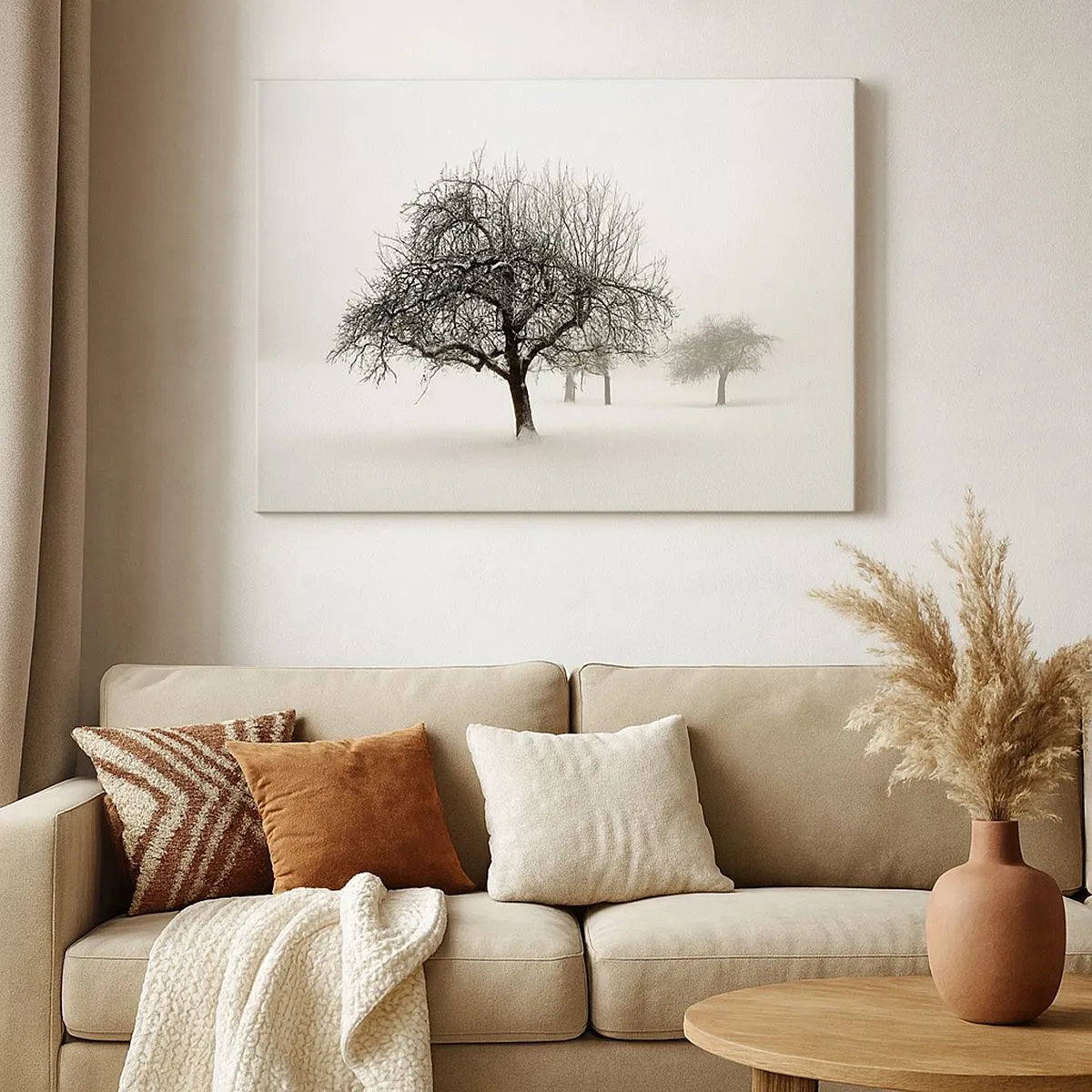 Schilderen op canvas - Bomen in een met sneeuw bedekt veld omgeven door mist - 70x50cm - Winterslaap - Moderne wanddecoratie voor woonkamer en slaapkamer ARTTOR