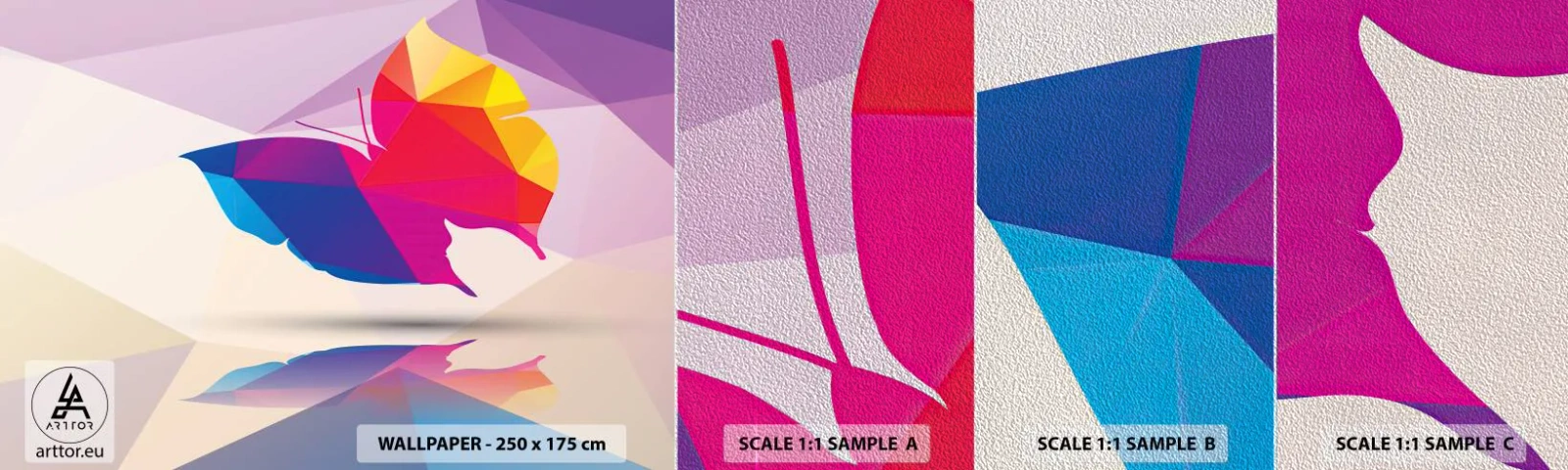 Fotobehang Monster Premium Sand - Vlinder regenboog - Insecten, Vlinder, Geometrische figuur - 100x30 cm