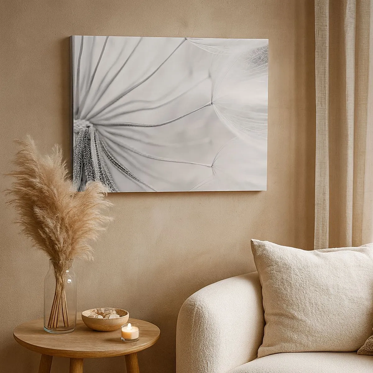 Schilderen op canvas - Delicate paardenbloemen in zwart-wit tinten - 70x50cm - Paardebloemen, vliegers - Moderne wanddecoratie voor woonkamer en slaapkamer ARTTOR