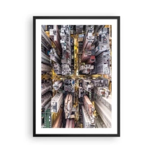 Poster in een zwarte lijst - Luchtfoto van de stad 's nachts - 50x70cm - Groeten uit Hong Kong - Moderne wanddecoratie voor woonkamer en slaapkamer ARTTOR