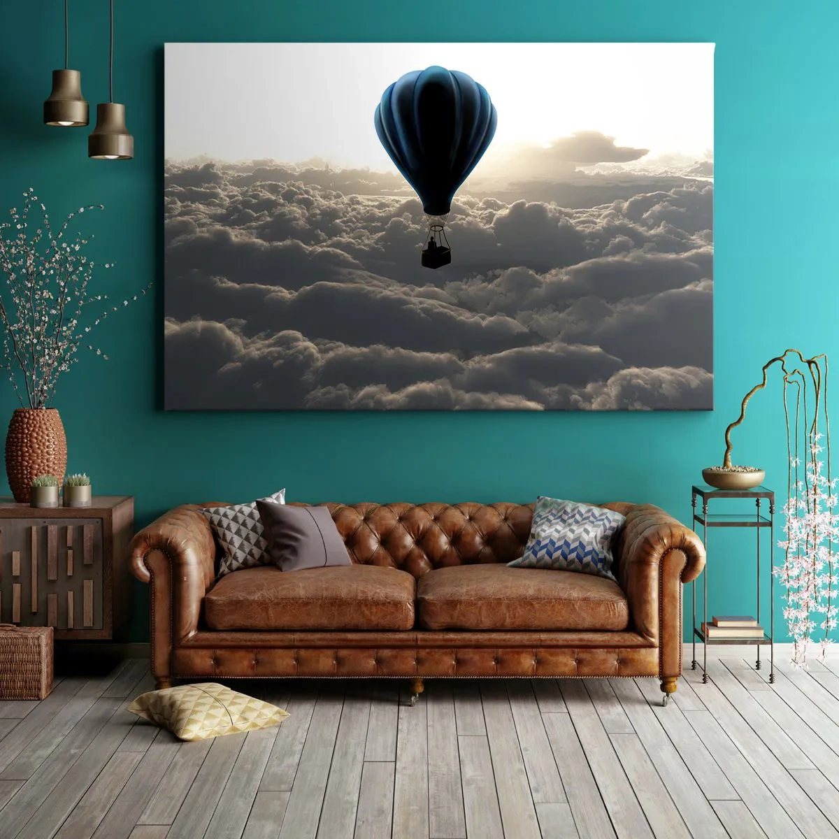 Schilderen op canvas - Een heteluchtballon tegen een lucht met wolken bij zonsondergang - 70x50cm - Een zwerver boven de wolken - Moderne wanddecoratie voor woonkamer en slaapkamer ARTTOR