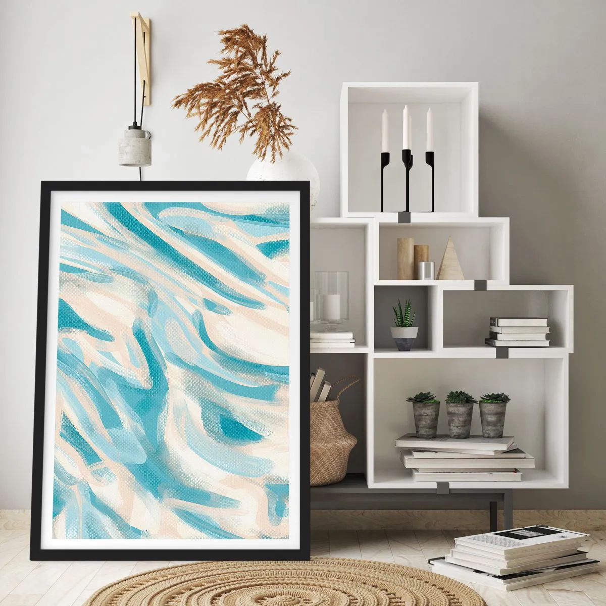 Poster in een zwarte lijst - Abstracte golven in blauwe en beige tinten - 50x70cm - Lente briesjes - Moderne wanddecoratie voor woonkamer en slaapkamer ARTTOR