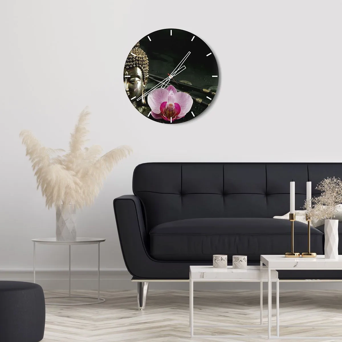 Wandklok - Klok - Boeddhabeeld met orchidee in oosterse stijl - 30x30cm - Harmonie van wijsheid en schoonheid - Moderne wanddecoratie voor woonkamer, keuken en slaapkamer ARTTOR