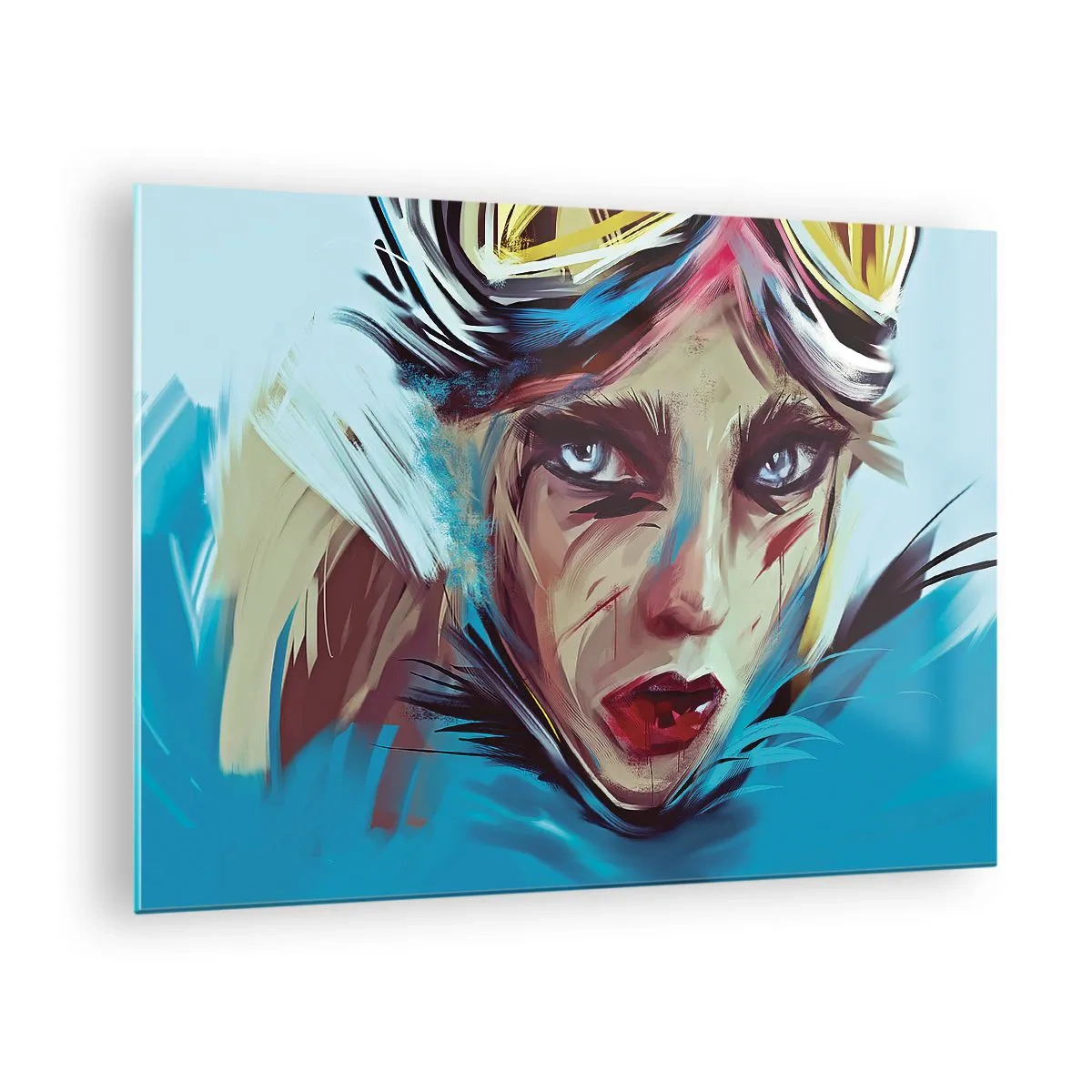 Schilderen op glas - Portret van een vrouw met een bril en blauwe penseelstreken - 70x50cm - Straatvechter - Moderne wanddecoratie voor woonkamer en slaapkamer ARTTOR